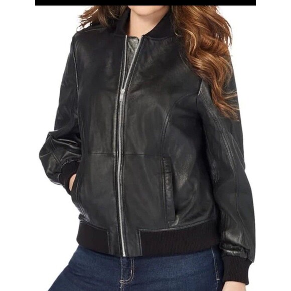 Roaman's Black Leather Bomber Jacket Full Zip Pocket Lined Size 28W - Picture 1 of 7